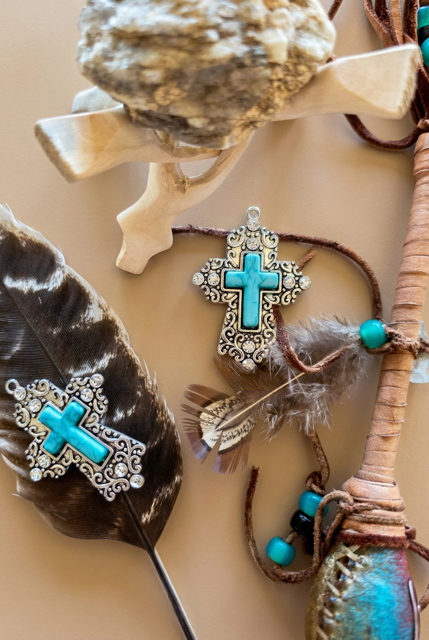 Turquoise Cross Pendant Necklace with Ornate Silver-Tone Filigree