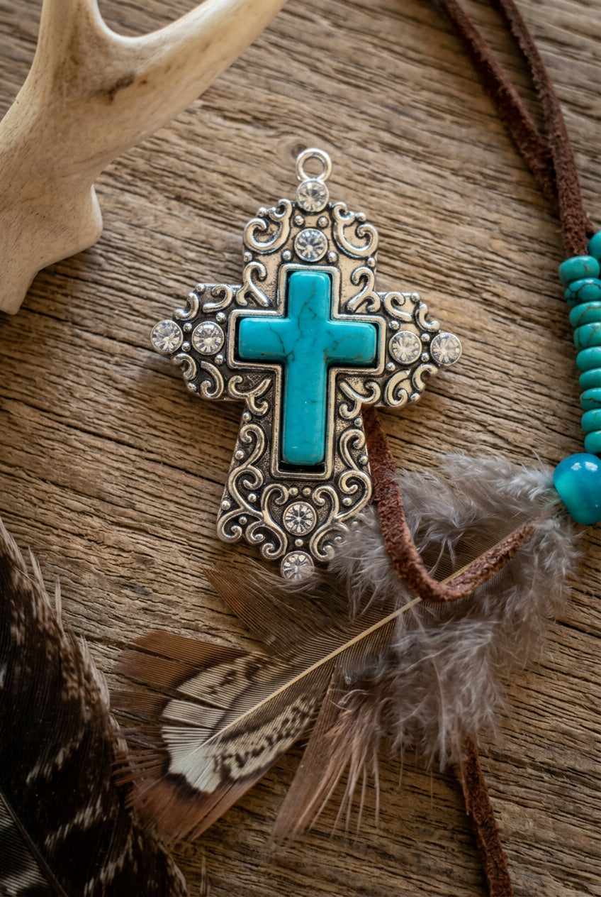 Turquoise Cross Pendant Necklace with Ornate Silver-Tone Filigree