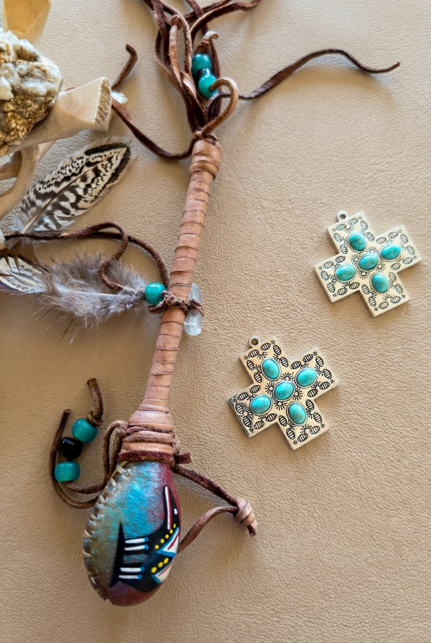 Faux Turquoise Cross Necklace with Engraved Sunburst Details