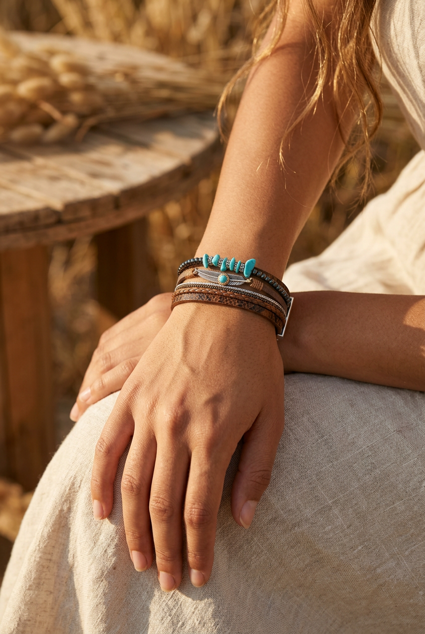 Turquoise & Brown Multilayer Boho Bracelet
