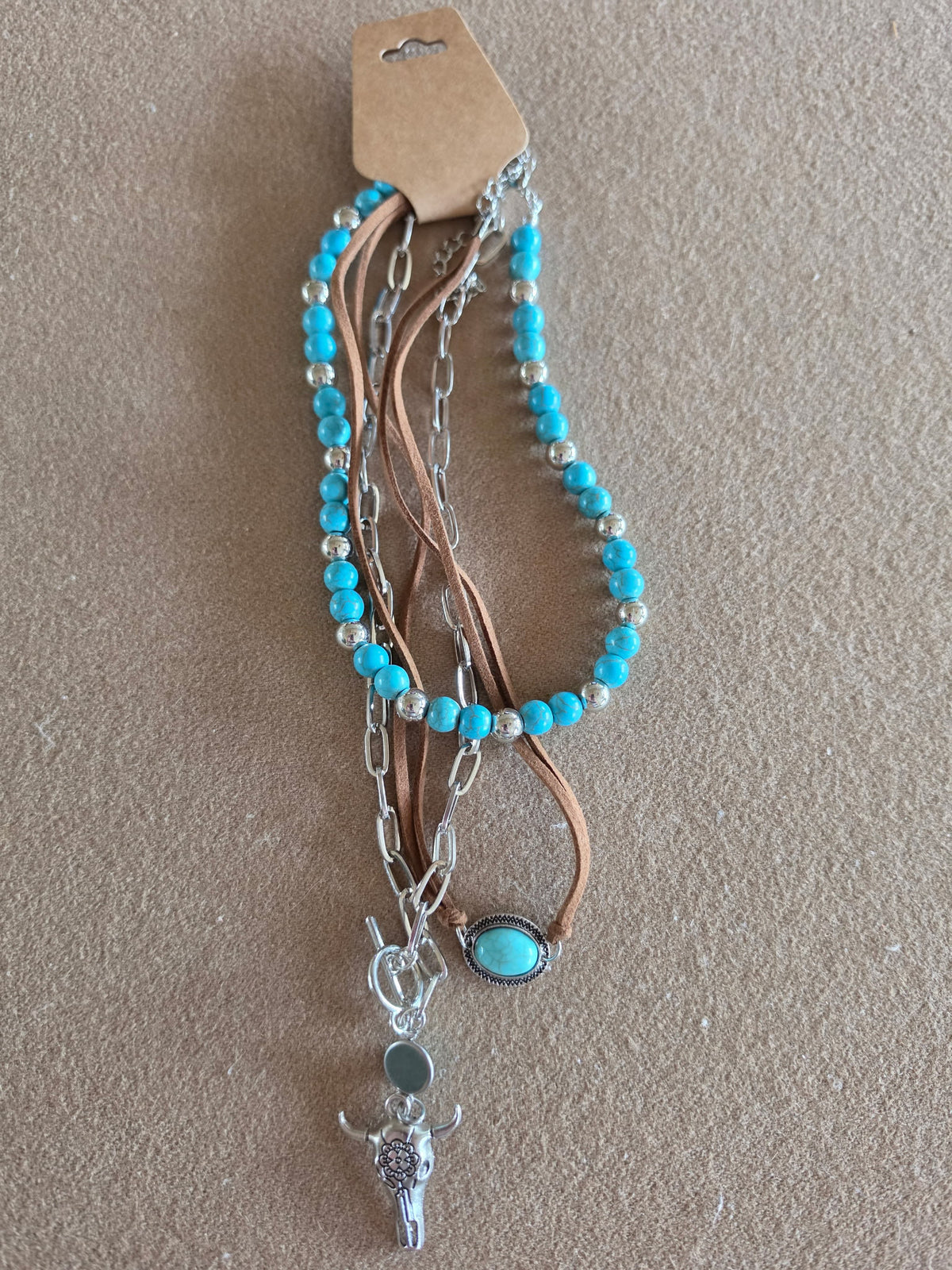 Southwestern Turquoise & Steer Skull 3-Layer Necklace Set