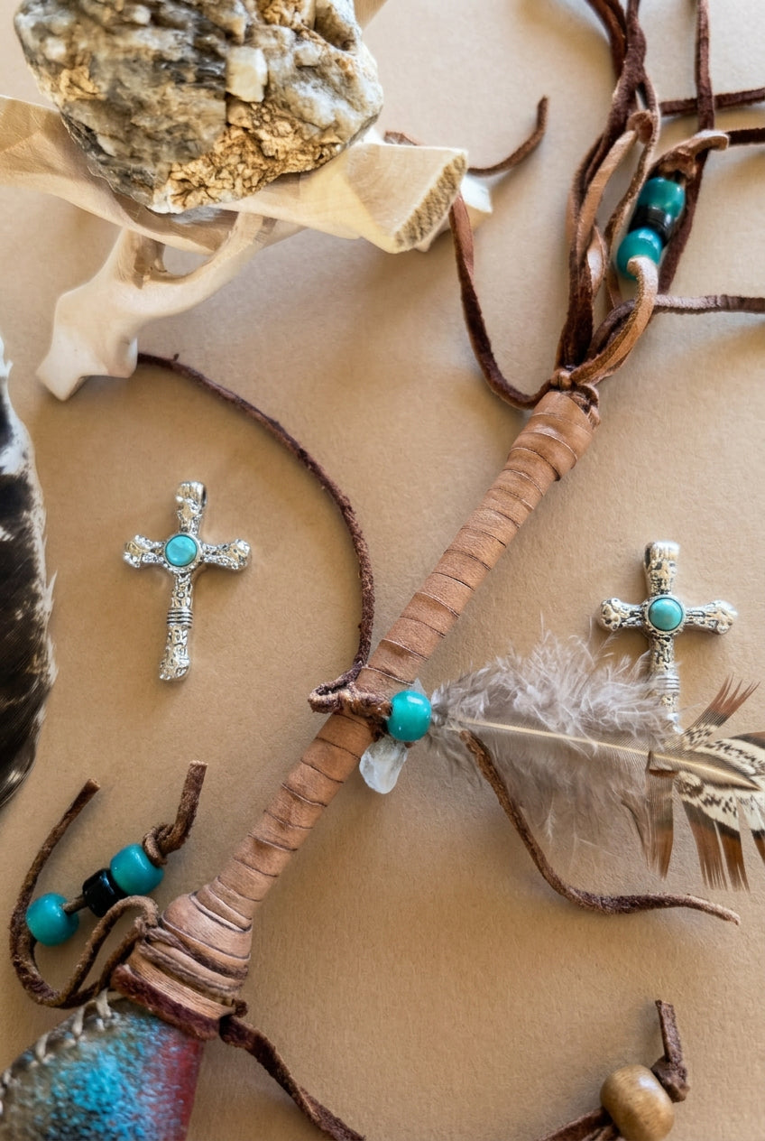 Beautiful Textured Cross Necklace with Turquoise-Color Center Stone