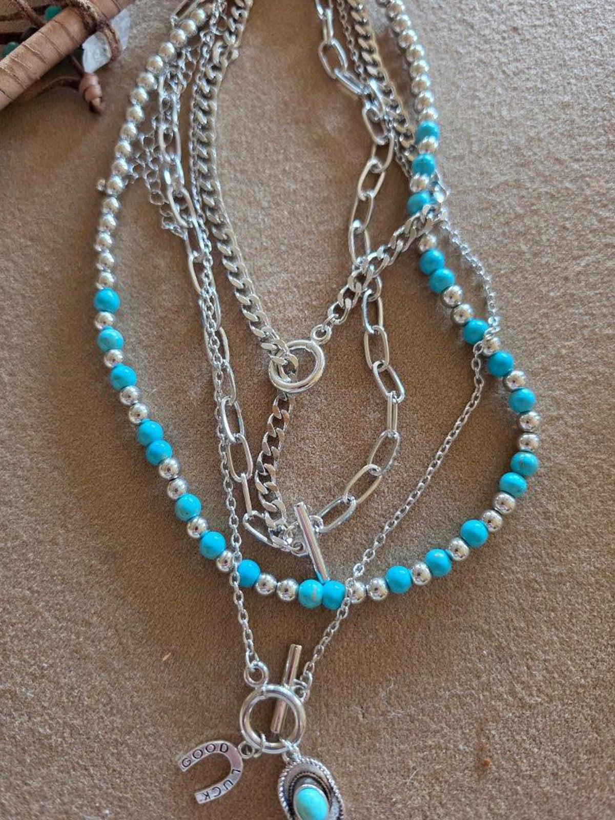 Southwestern Turquoise-Style 4-Layer Necklace Set – Silver-Tone