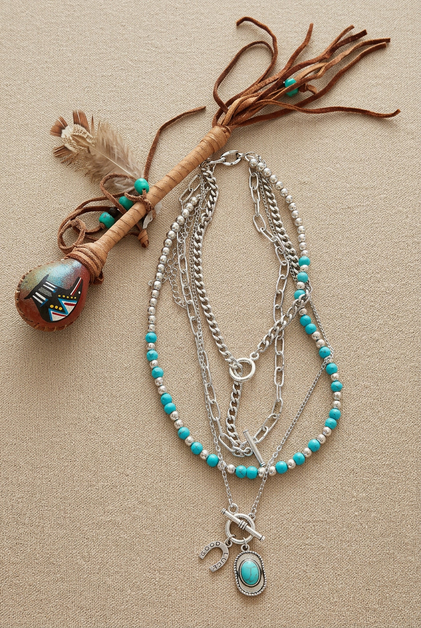 Southwestern Turquoise-Style 4-Layer Necklace Set – Silver-Tone