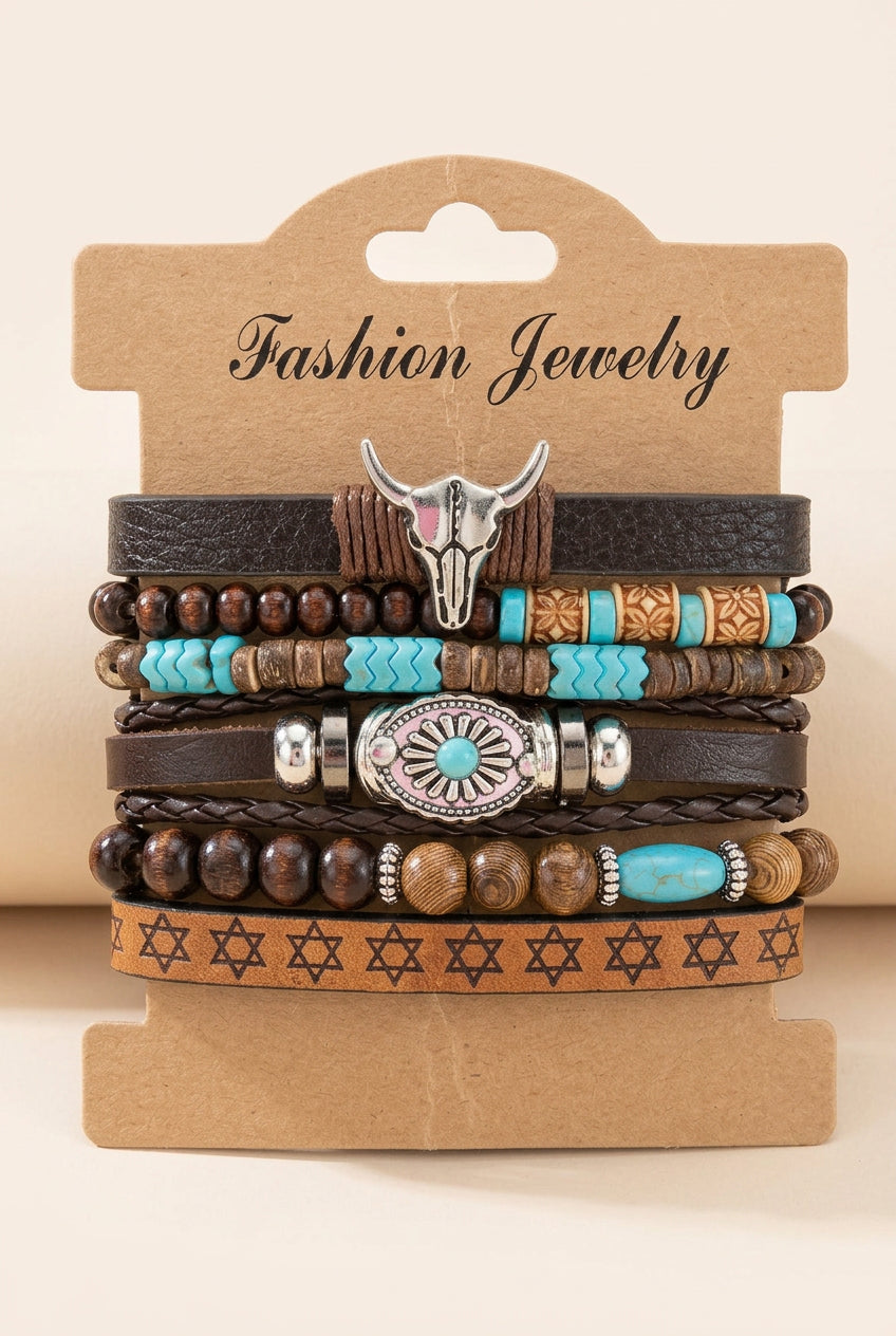 Western Boho Turquoise & Brown Multilayer Bracelet Set