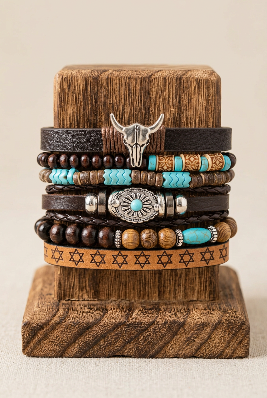 Western Boho Turquoise & Brown Multilayer Bracelet Set