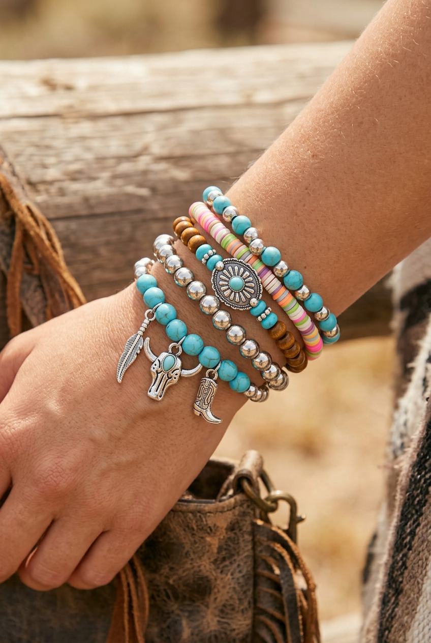 Western Turquoise & Multicolor Beaded Stretch Bracelet Set
