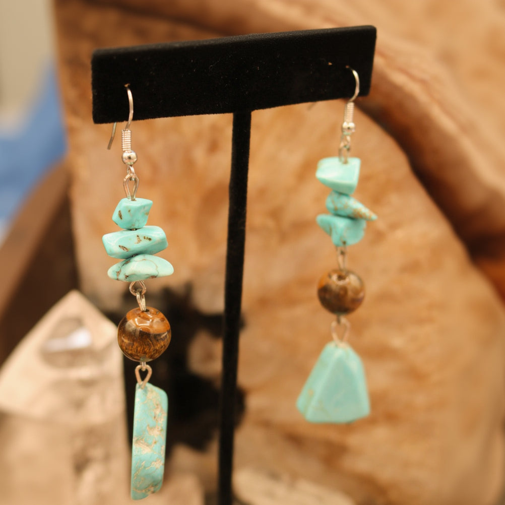 Classic Native American Style Turquoise and Tigers Eye Beaded Dangle Earrings