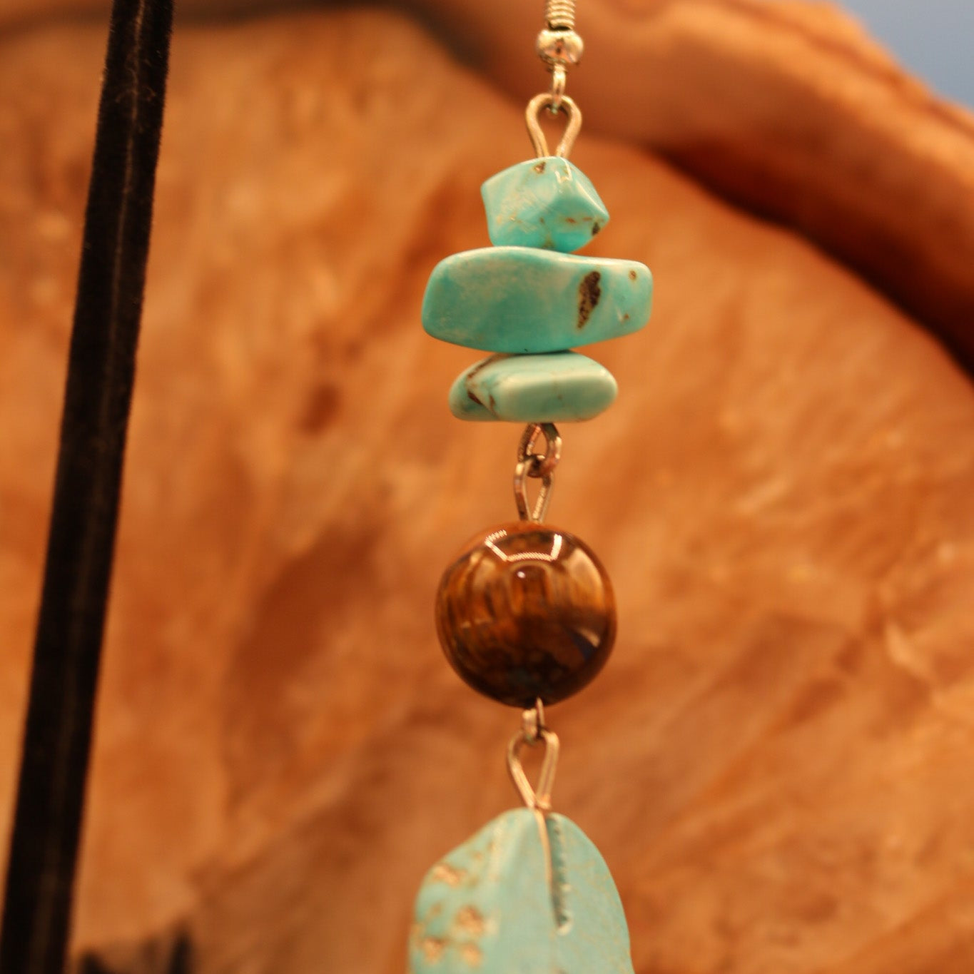 Classic Native American Style Turquoise and Tigers Eye Beaded Dangle Earrings