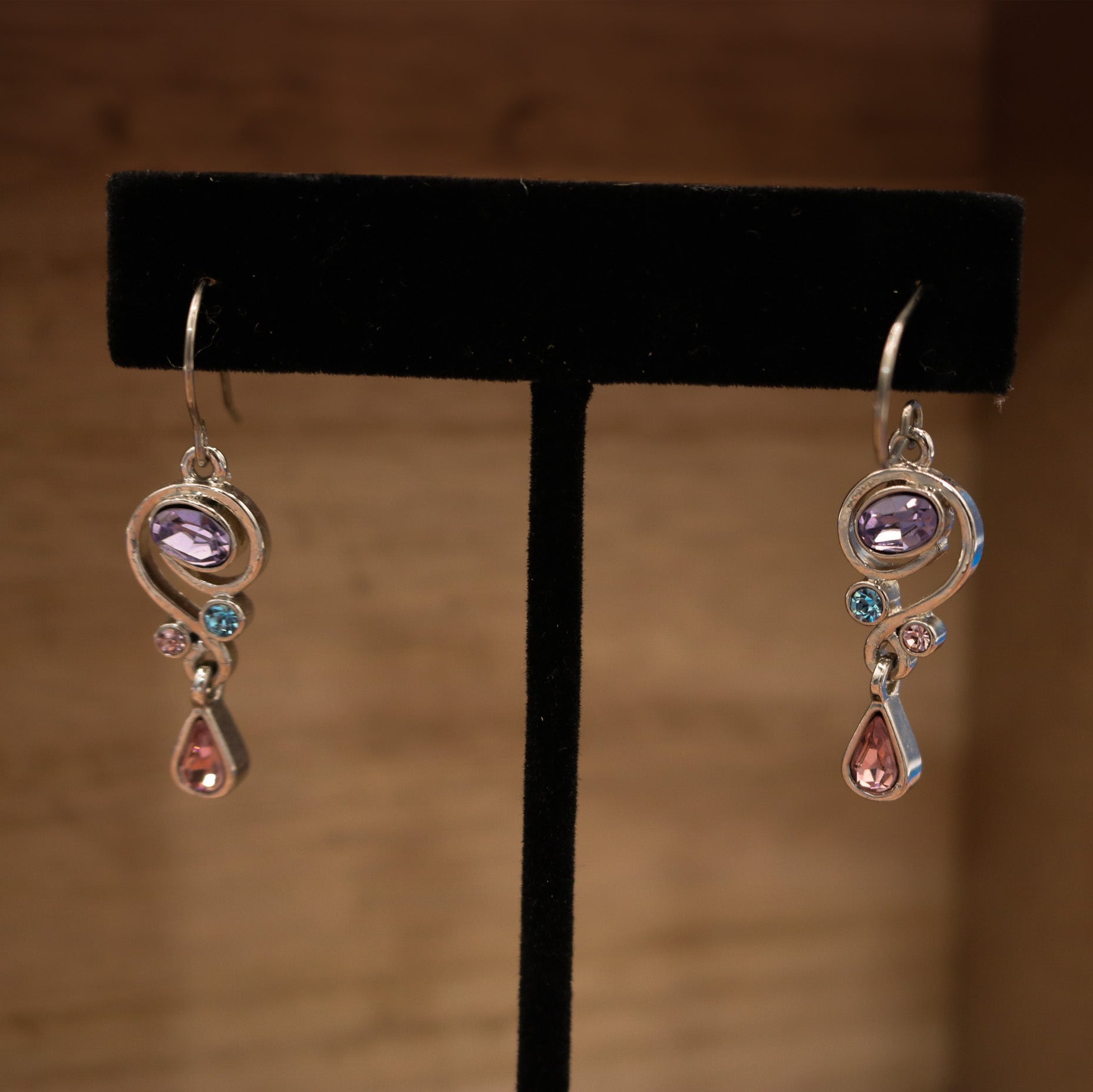 Elegant Pink and Purple Rhinestone Dangle Earrings