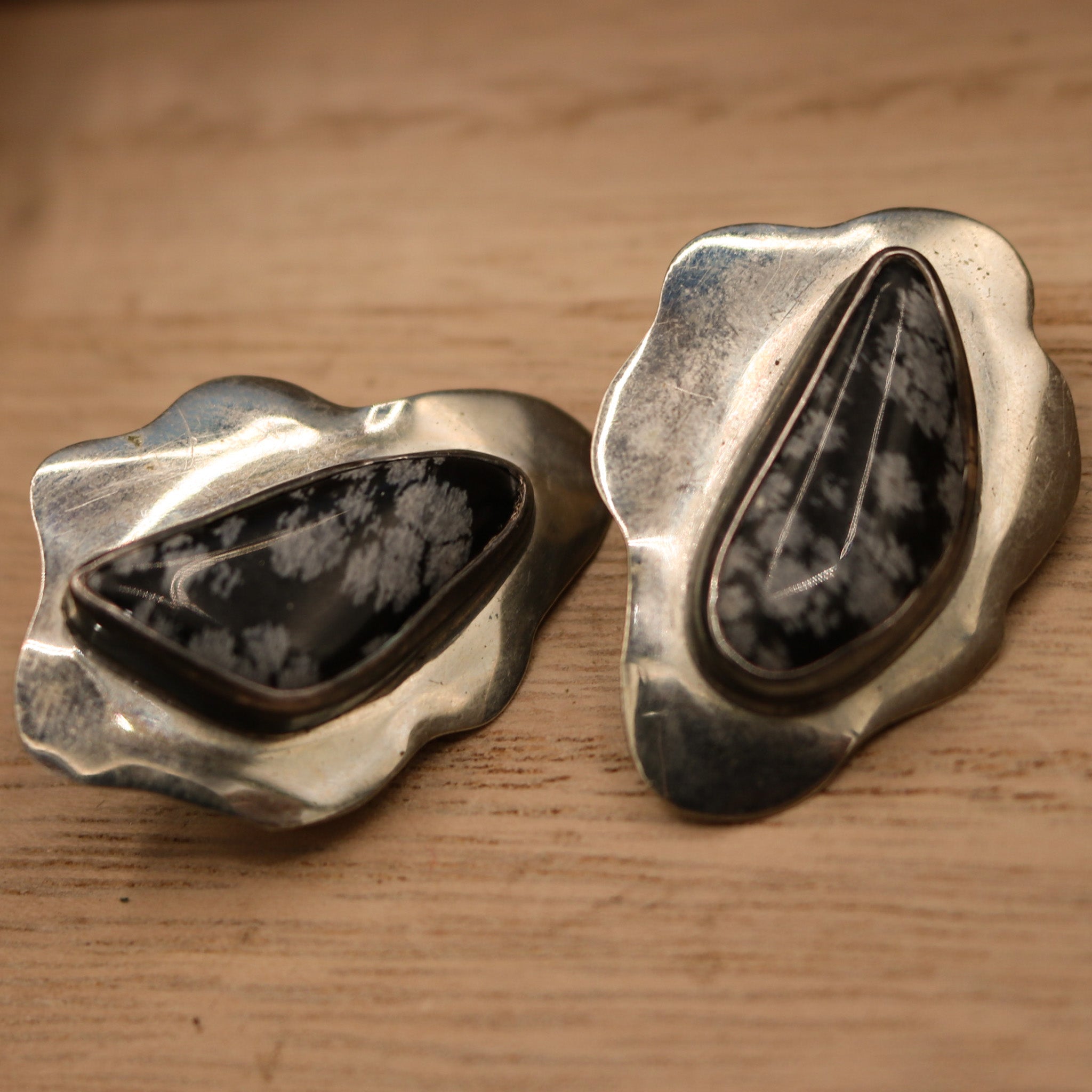 Vintage Snowflake Obsidian Clip on Earrings