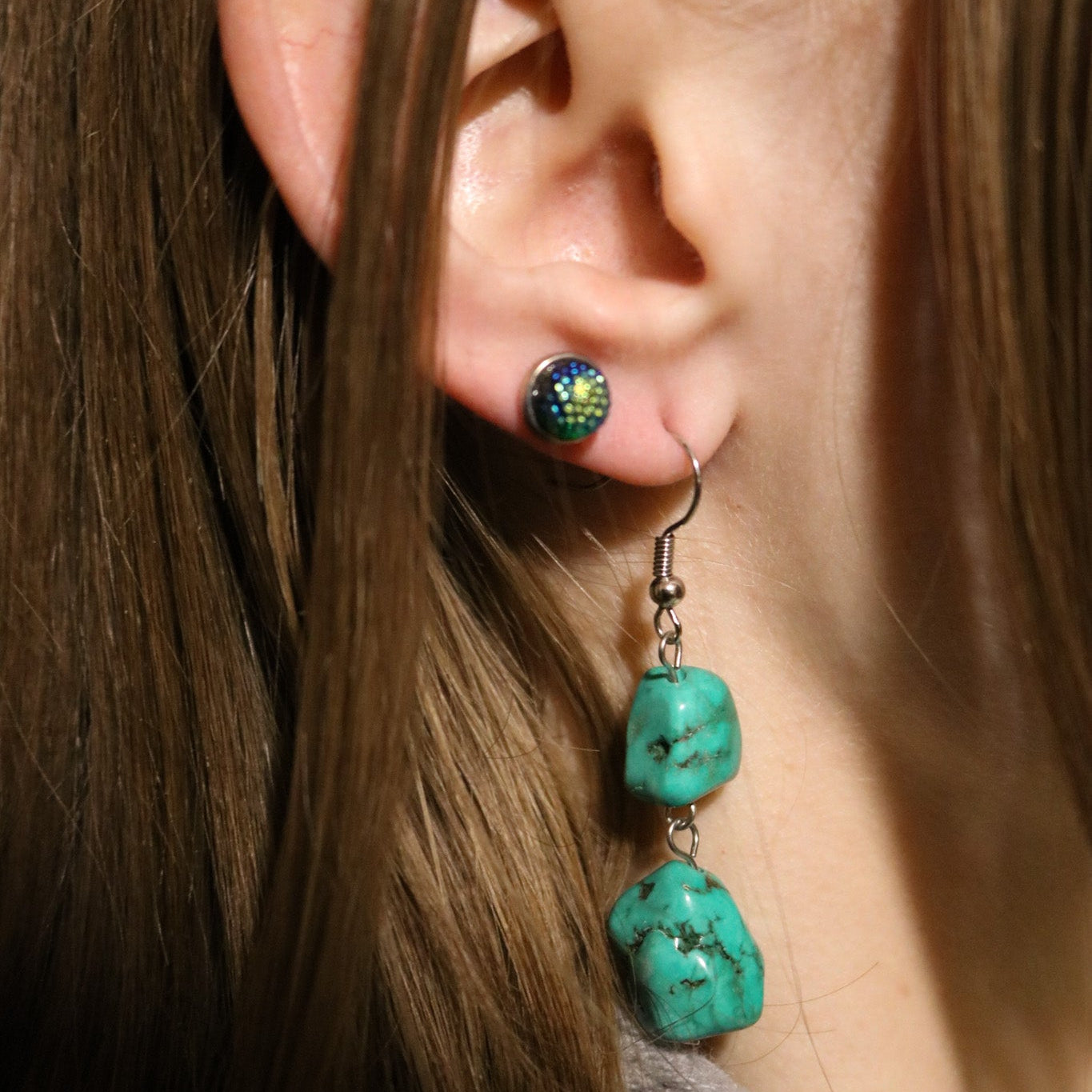 Boho Dangle Earrings Featuring Two Turquoise Colored Beads