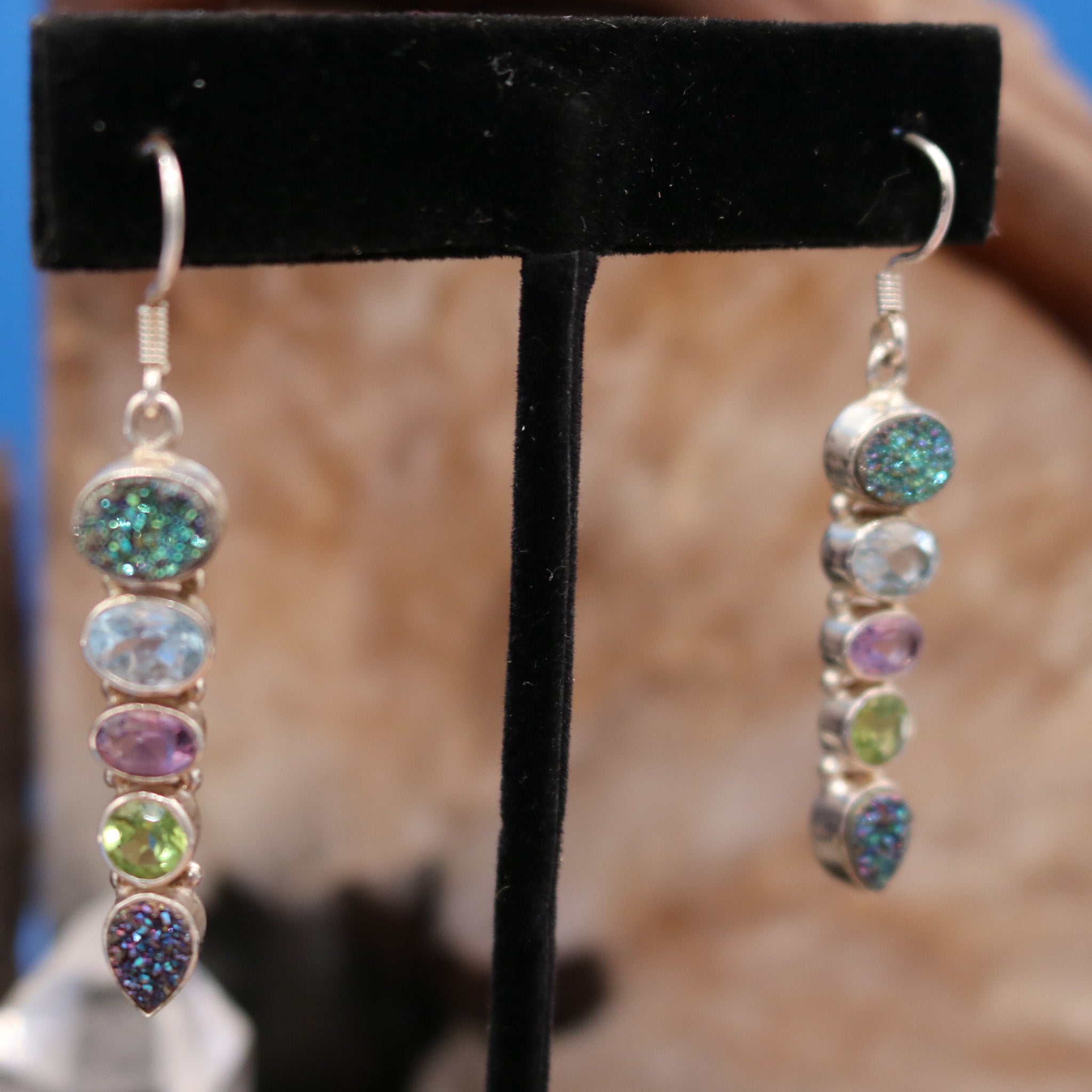 925 Silver Multicolored Stone Dangle Earrings