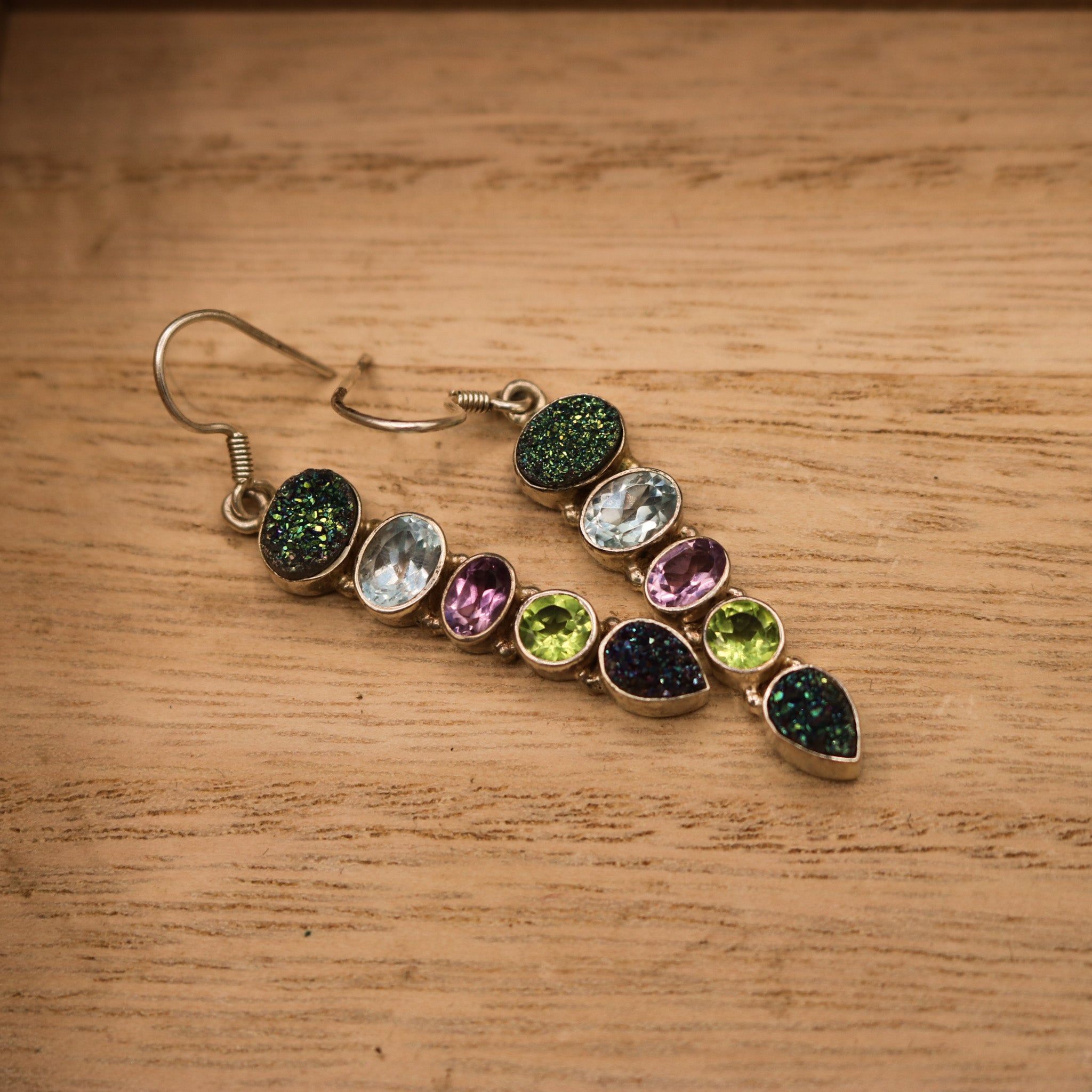 925 Silver Multicolored Stone Dangle Earrings