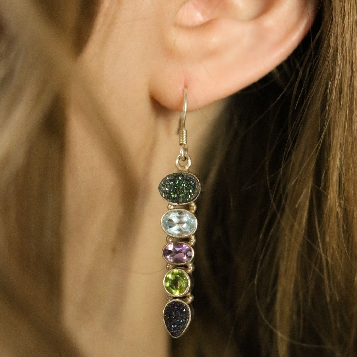 925 Silver Multicolored Stone Dangle Earrings