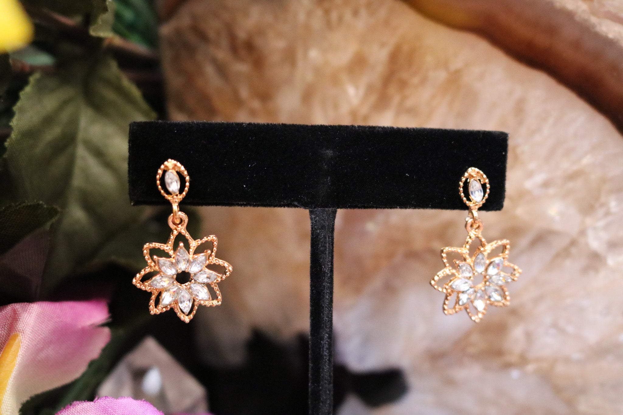 Golden Rhinestone Flower Dangle Earrings