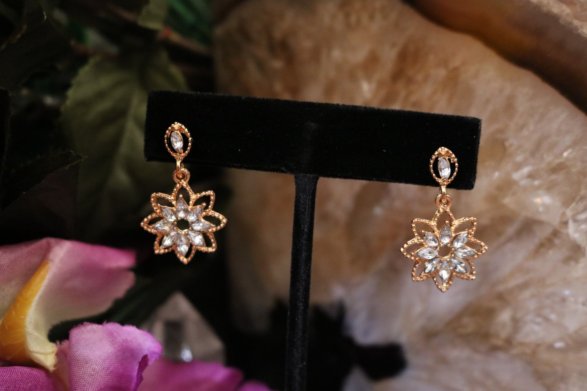 Golden Rhinestone Flower Dangle Earrings