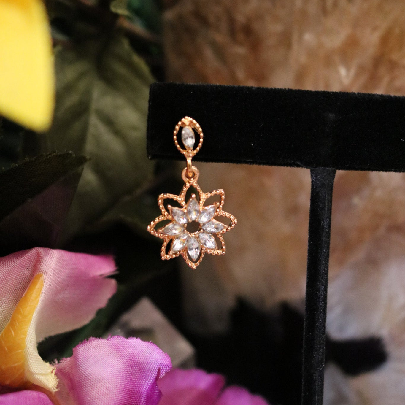 Golden Rhinestone Flower Dangle Earrings