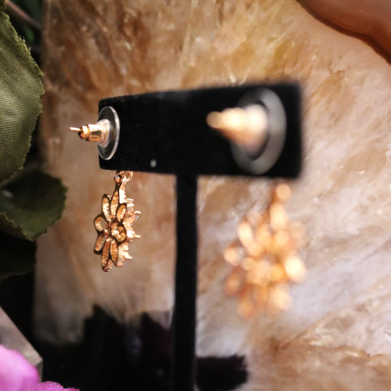 Golden Rhinestone Flower Dangle Earrings