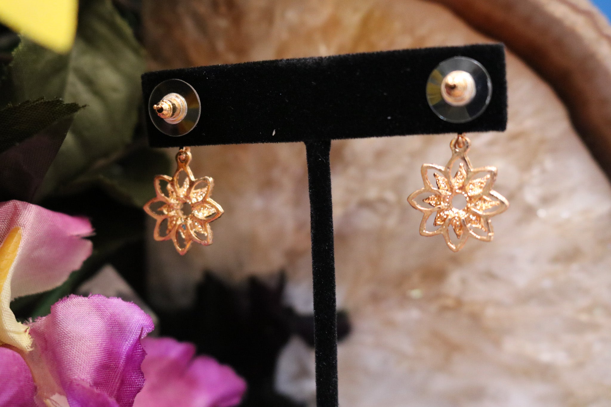 Golden Rhinestone Flower Dangle Earrings