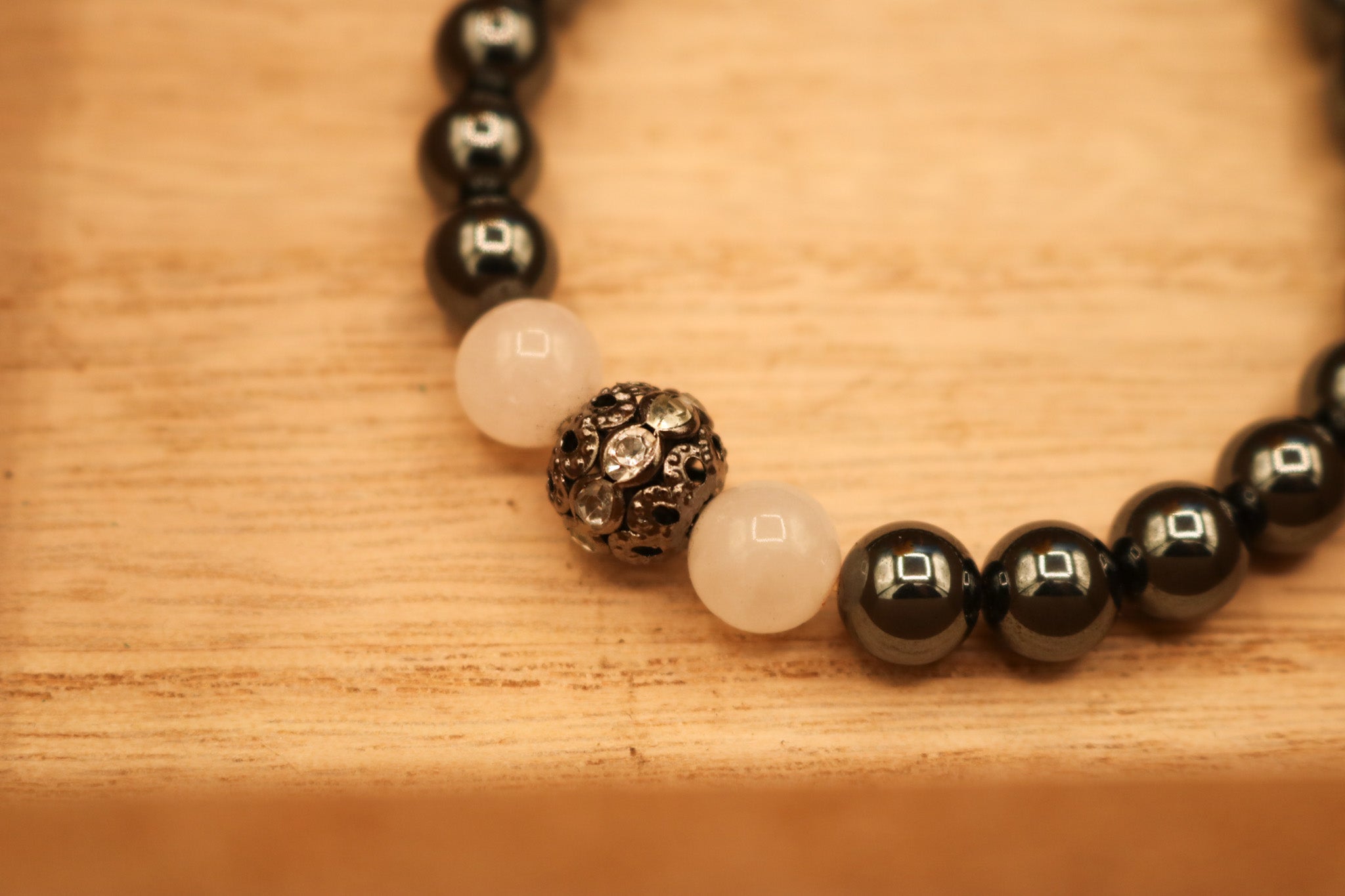 Hematite and Rose Quartz with a Bead with Small Rhinestones