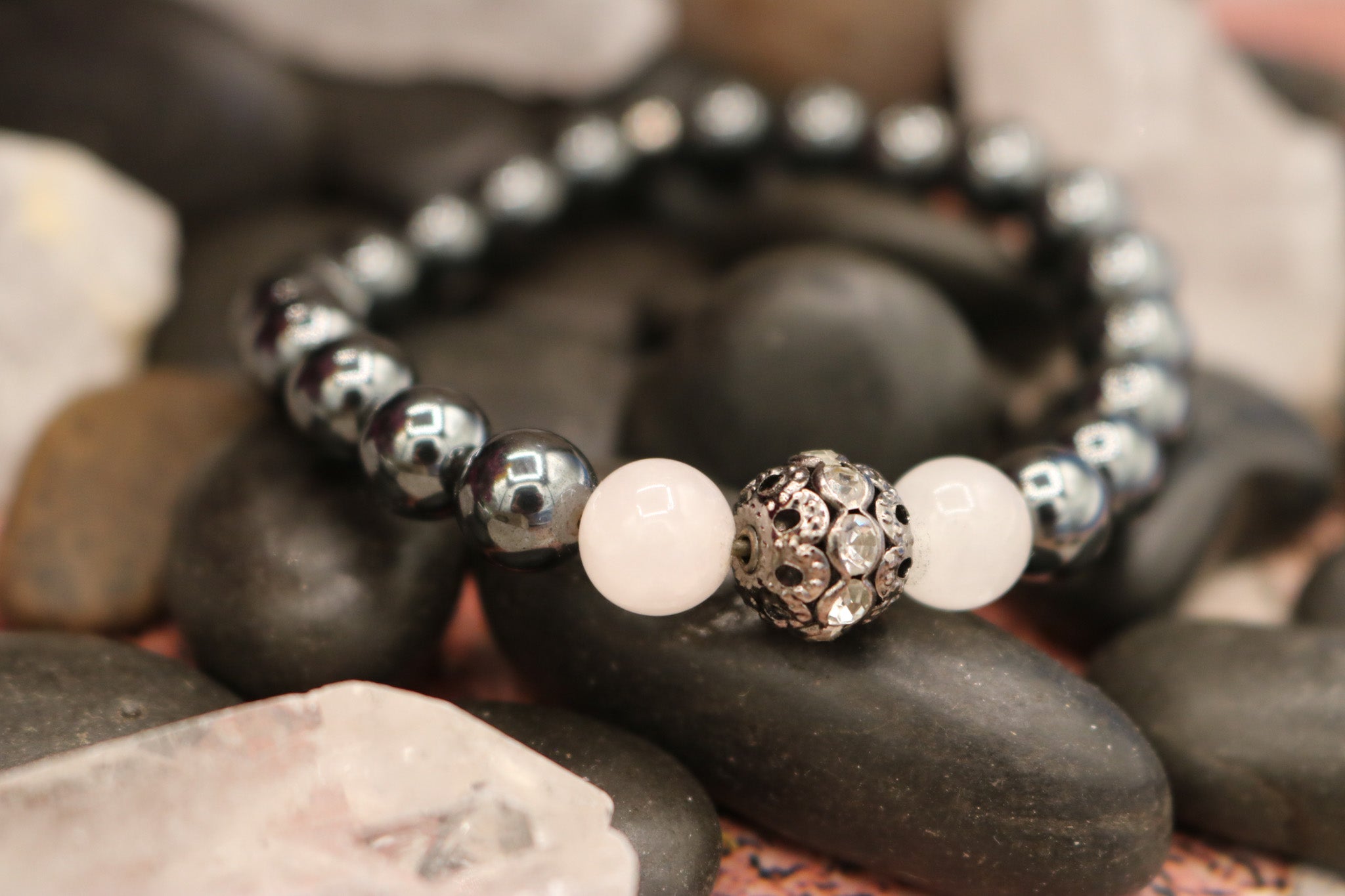 Hematite and Rose Quartz with a Bead with Small Rhinestones