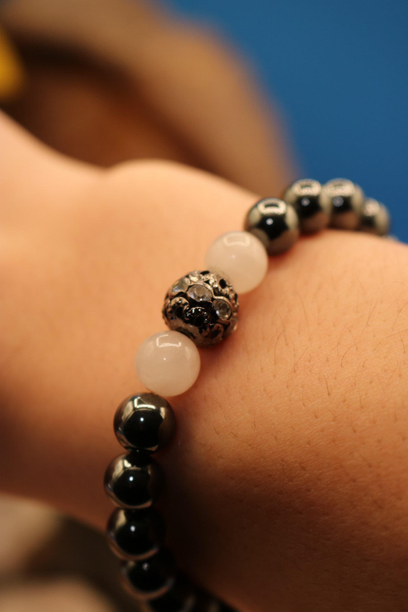 Hematite and Rose Quartz with a Bead with Small Rhinestones