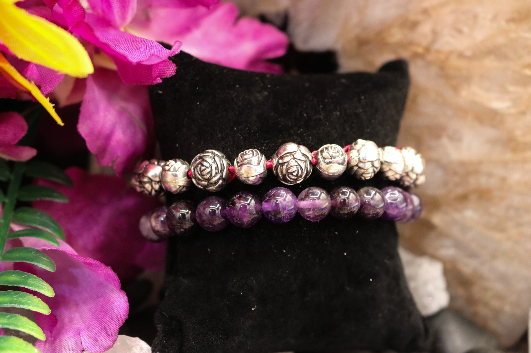 Amethyst and Rose Bead Two-Layered Adjustable Bracelets