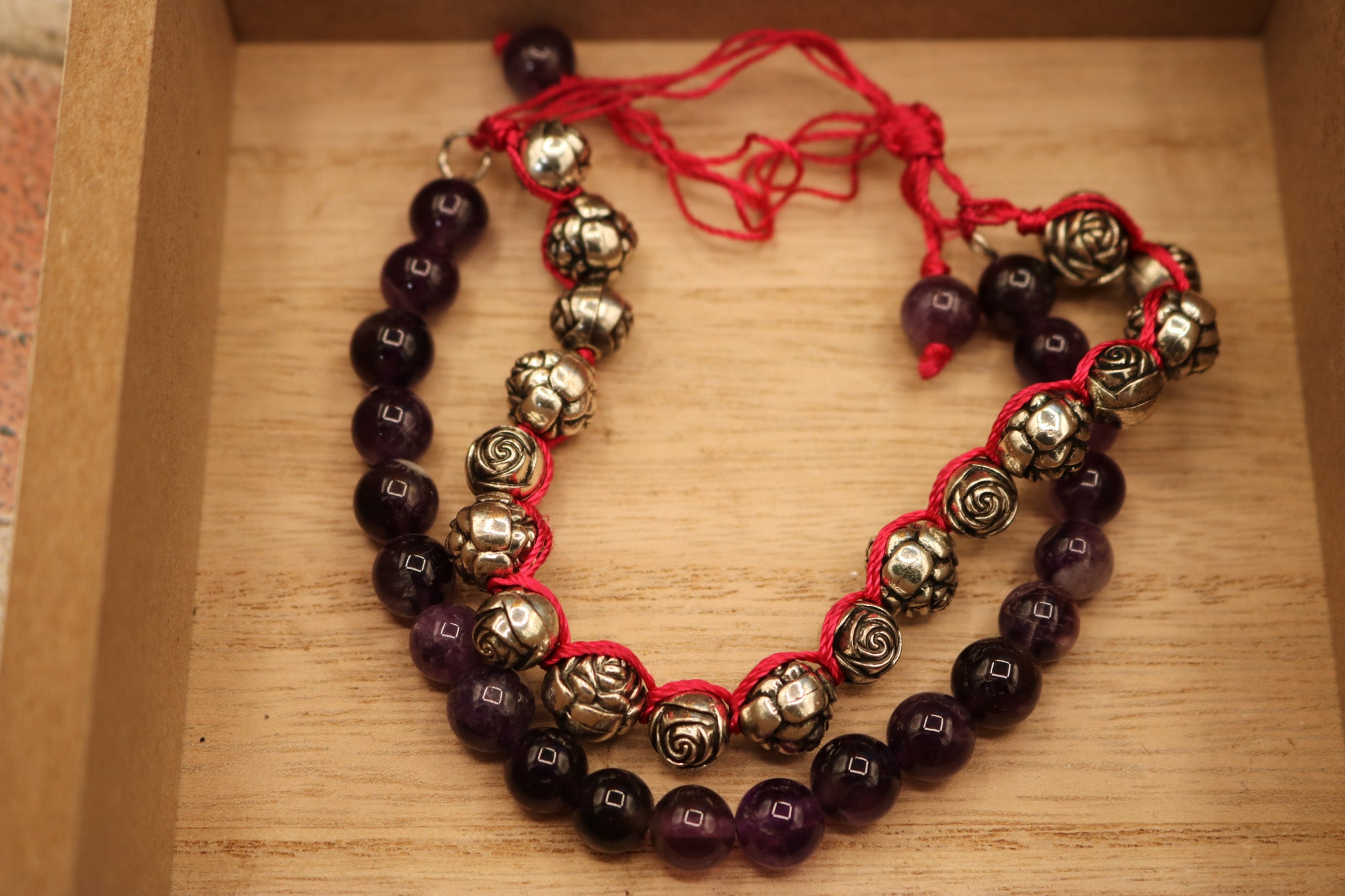 Amethyst and Rose Bead Two-Layered Adjustable Bracelets