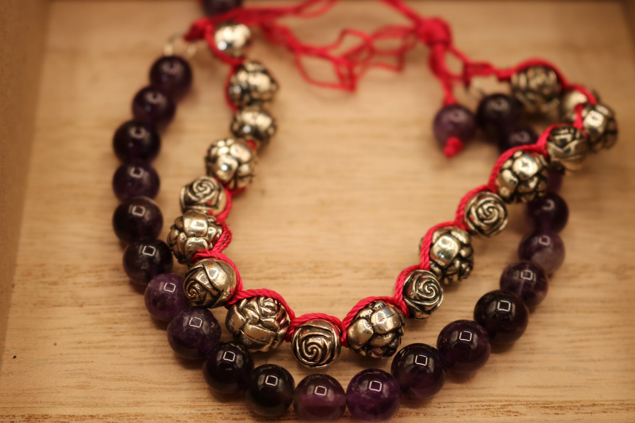 Amethyst and Rose Bead Two-Layered Adjustable Bracelets