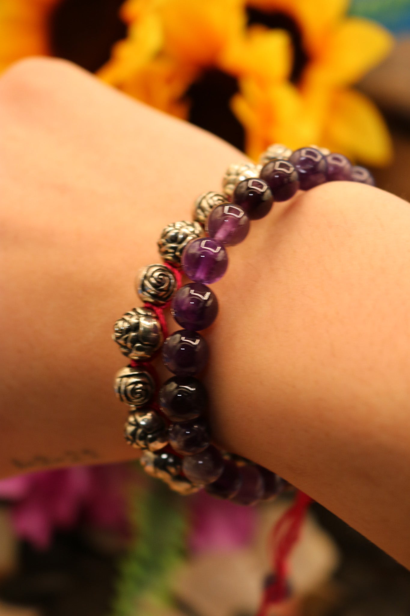 Amethyst and Rose Bead Two-Layered Adjustable Bracelets
