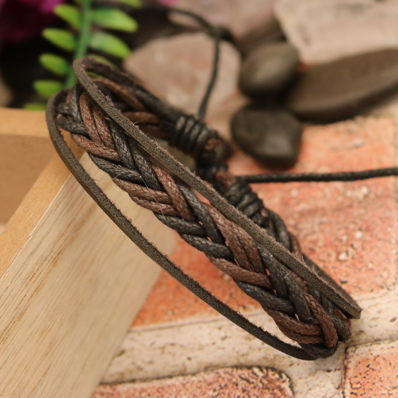 Braided Rope and Leather Adjustable Bracelet
