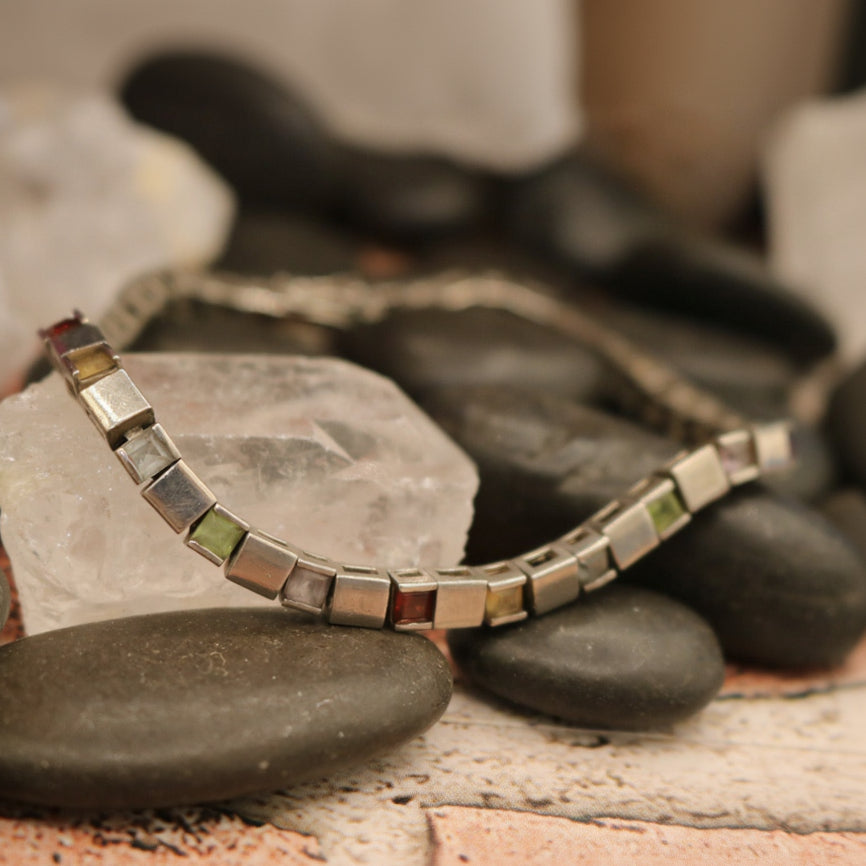 Vintage 925 Silver Bracelet with Multicolored Gemstones