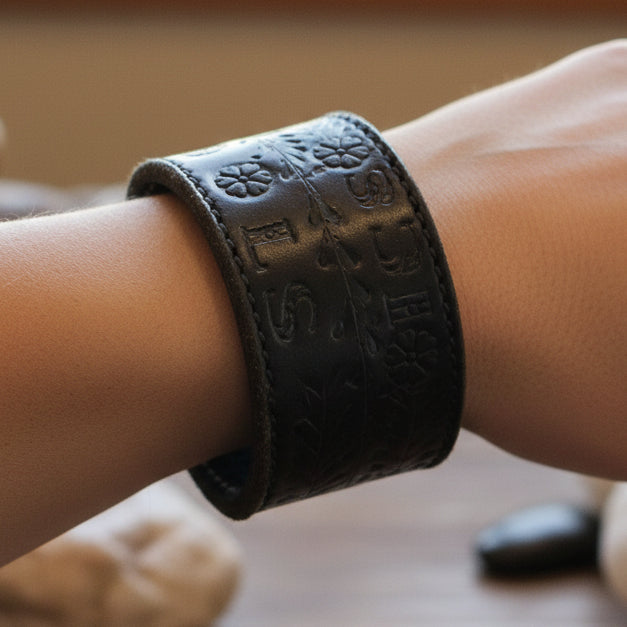 Thick Black Leather Cuff Bracelet with Etched Floral Detail