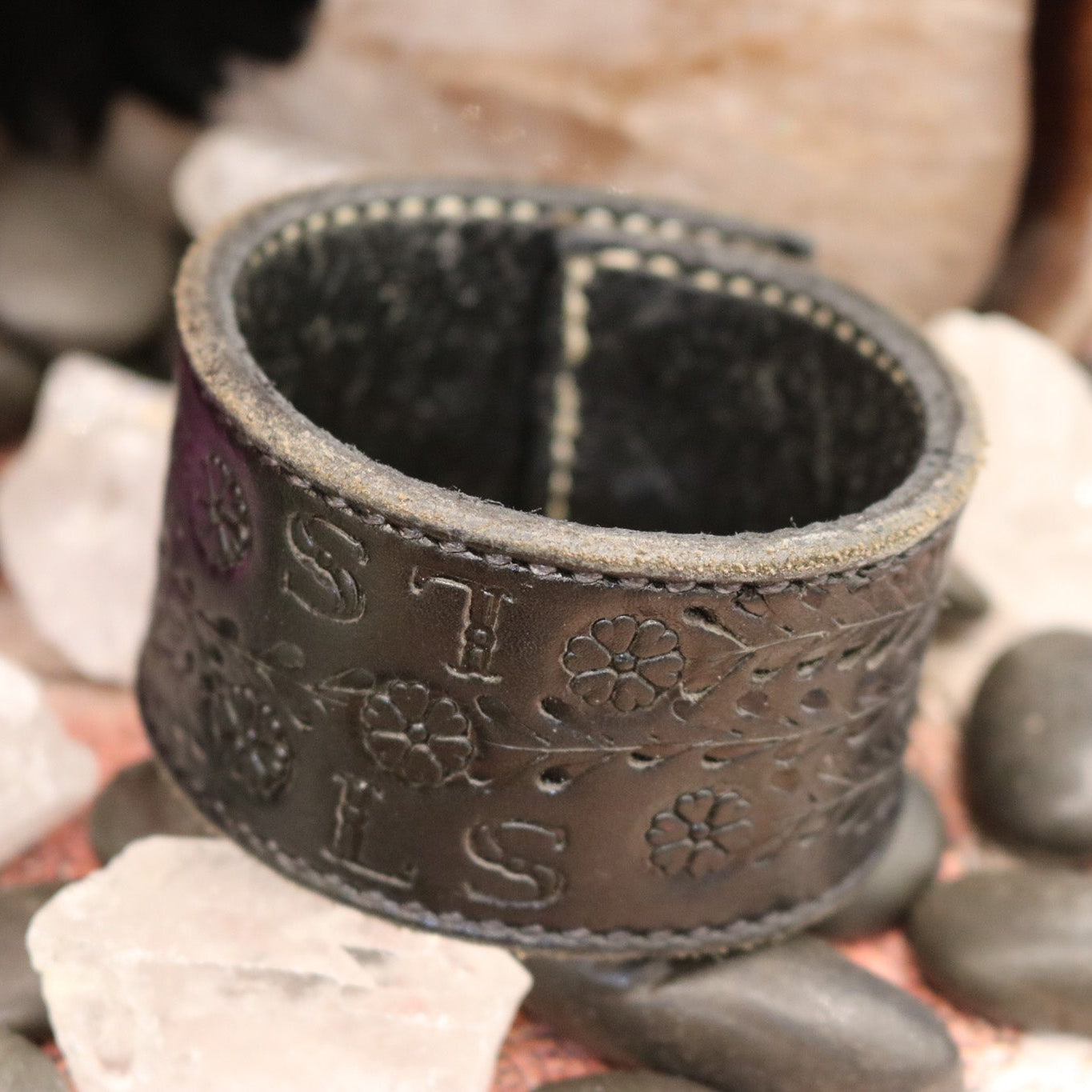 Thick Black Leather Cuff Bracelet with Etched Floral Detail