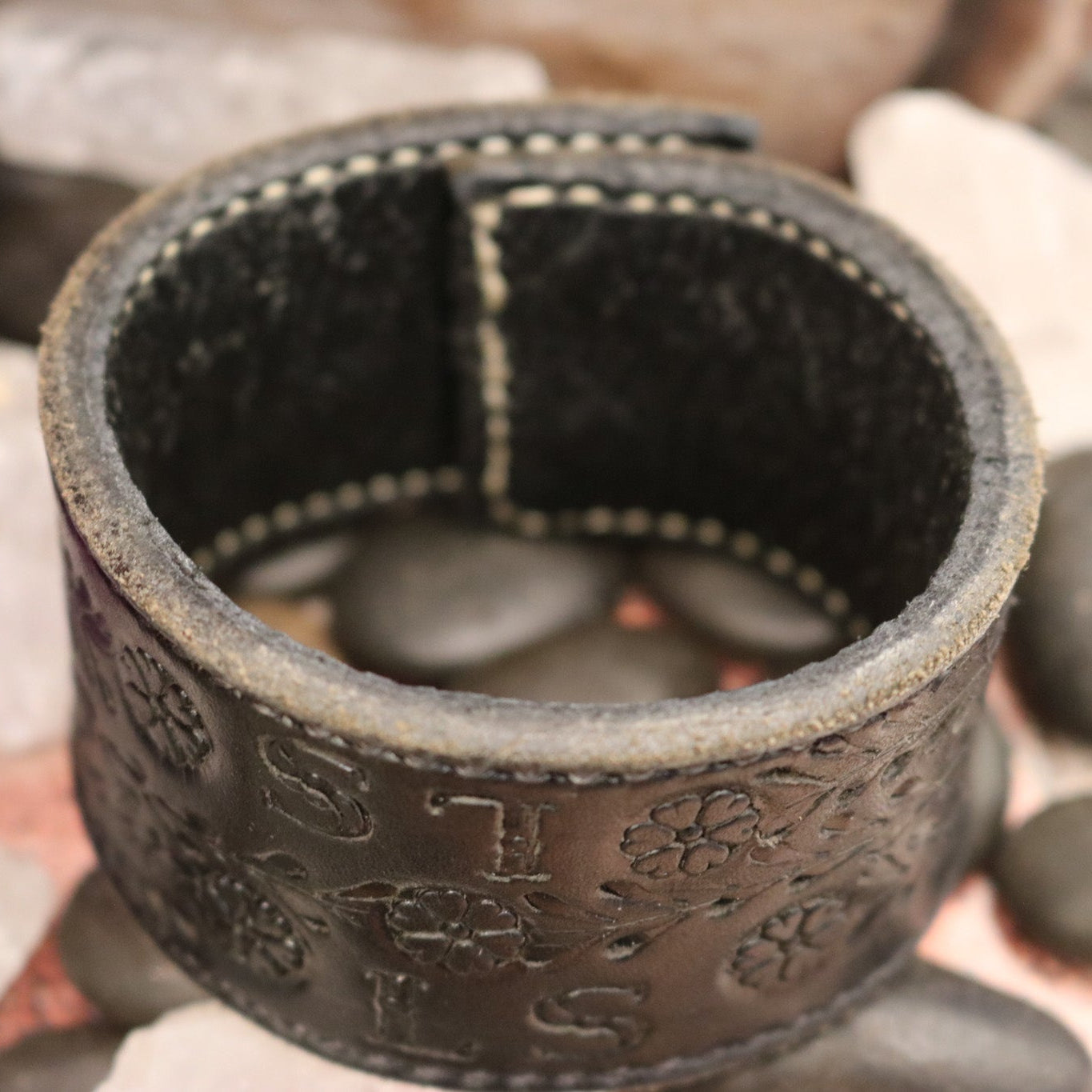 Thick Black Leather Cuff Bracelet with Etched Floral Detail