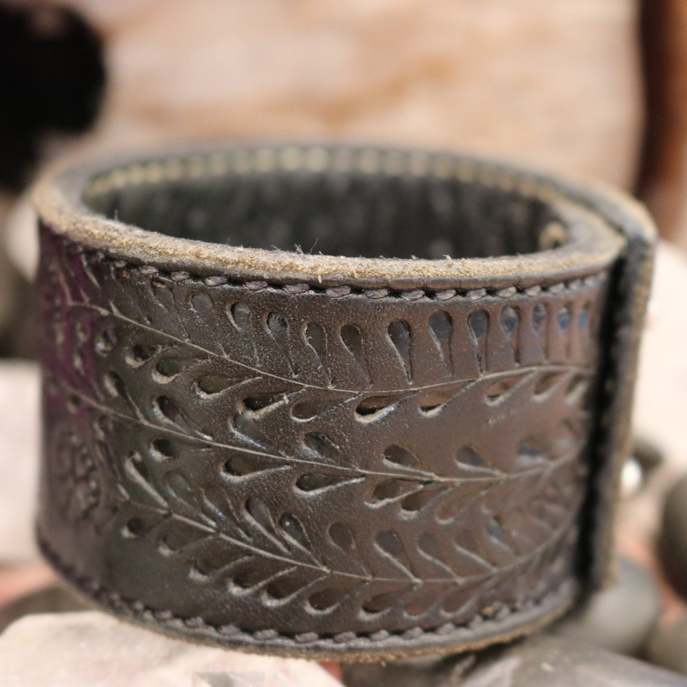 Thick Black Leather Cuff Bracelet with Etched Floral Detail