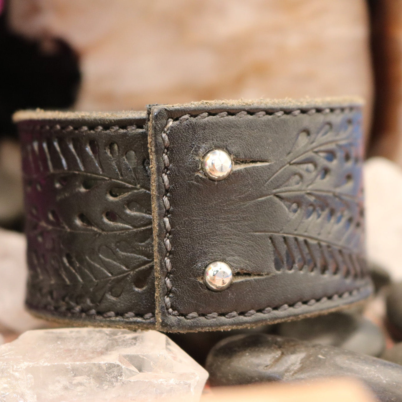 Thick Black Leather Cuff Bracelet with Etched Floral Detail