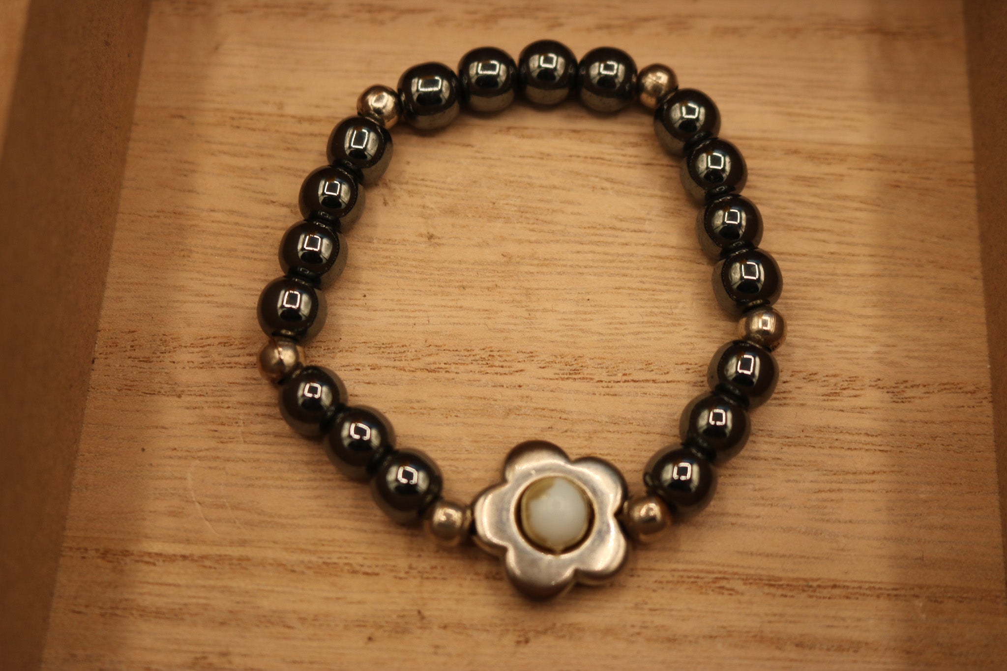 Hemite Chrome Stretchy Beads with Flower Charm Bracelet