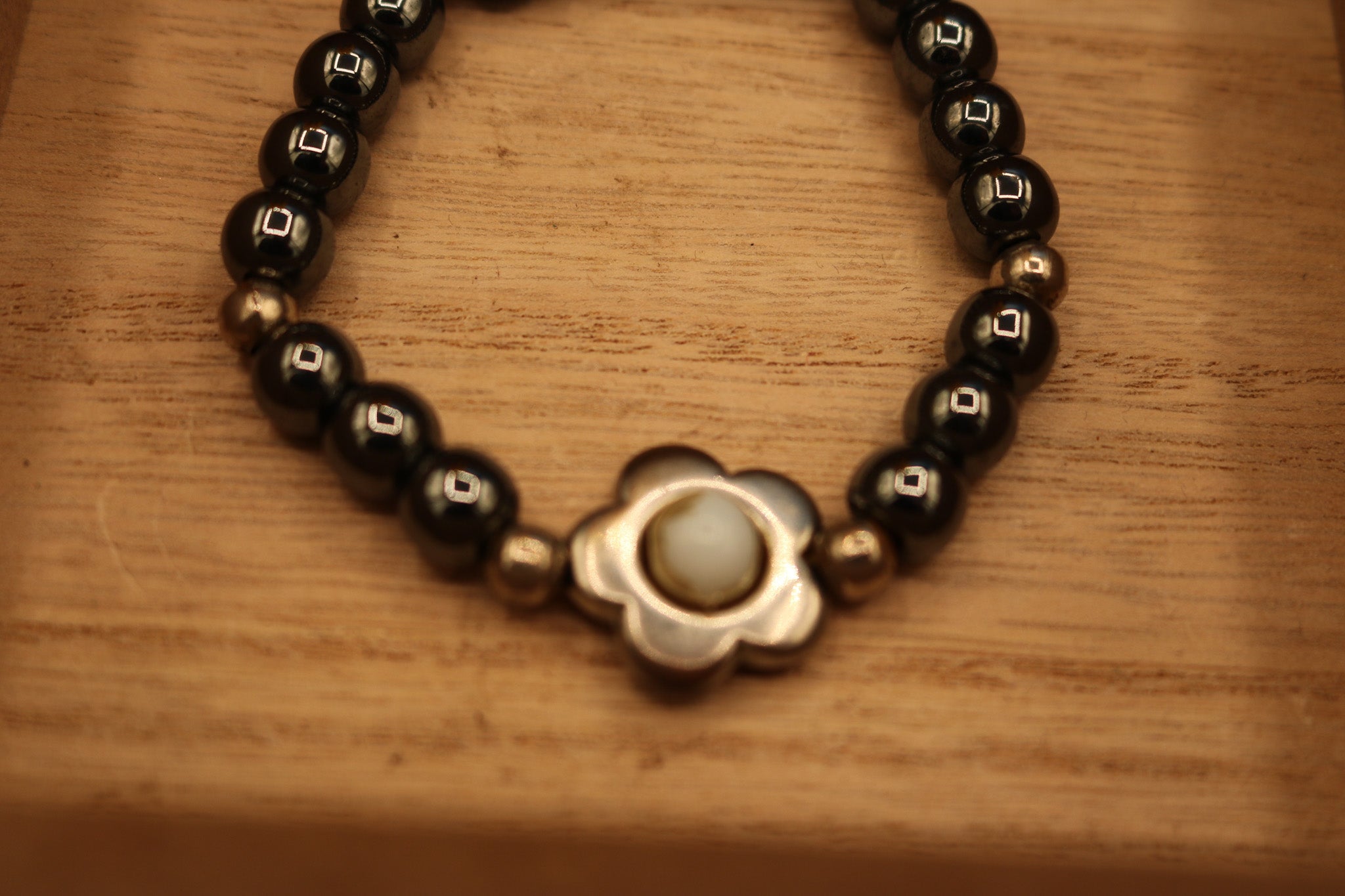 Hemite Chrome Stretchy Beads with Flower Charm Bracelet