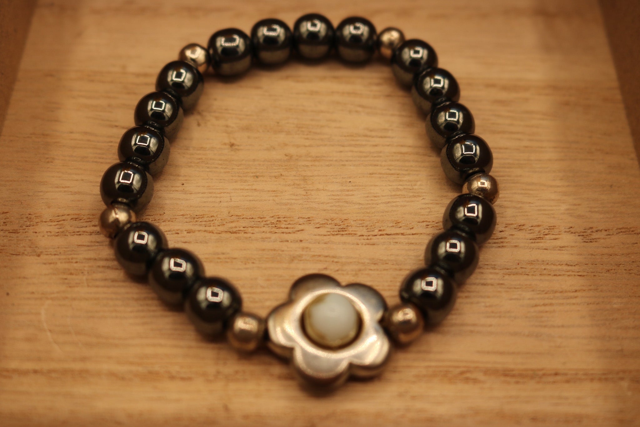 Hemite Chrome Stretchy Beads with Flower Charm Bracelet