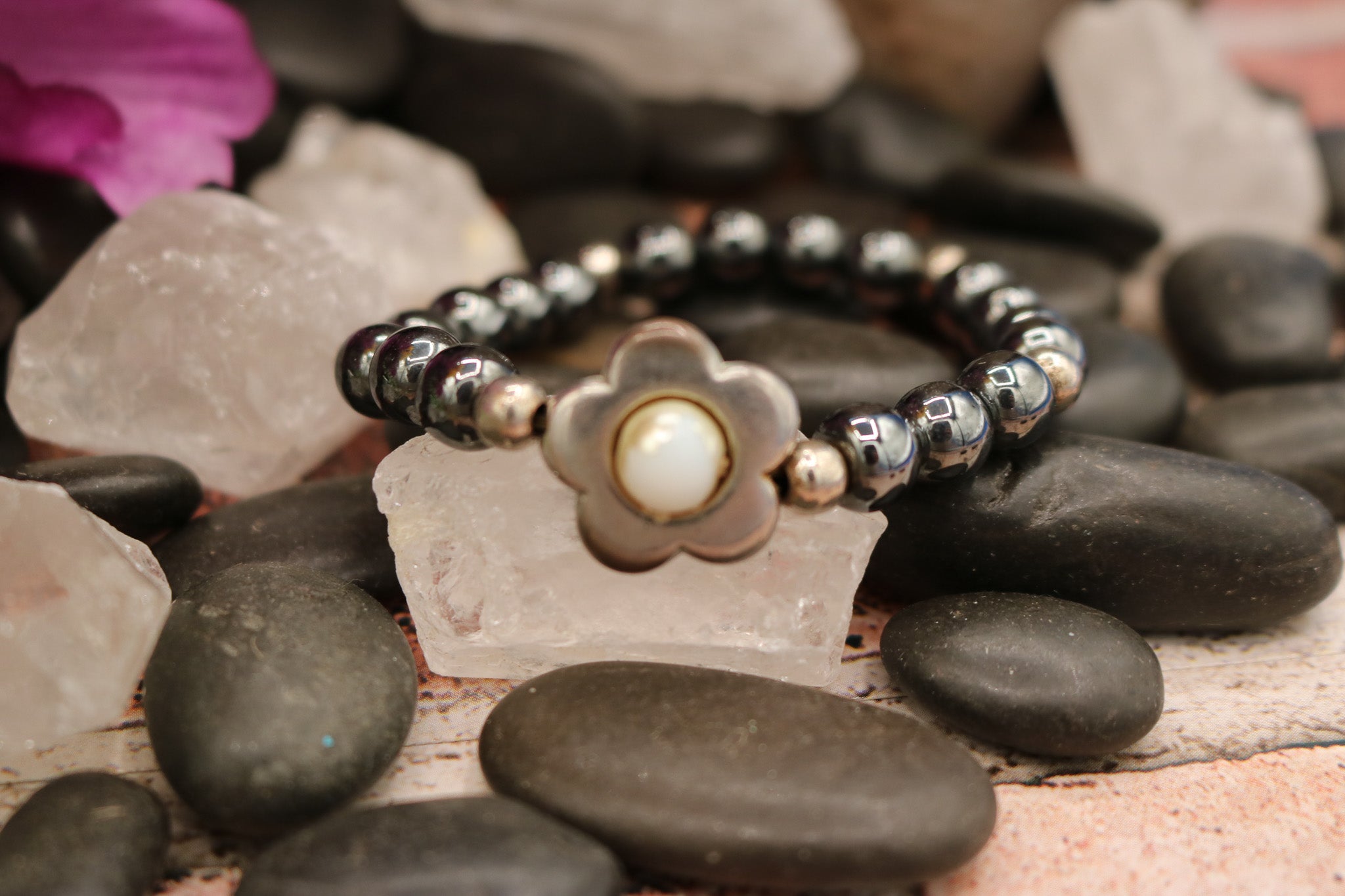Hemite Chrome Stretchy Beads with Flower Charm Bracelet