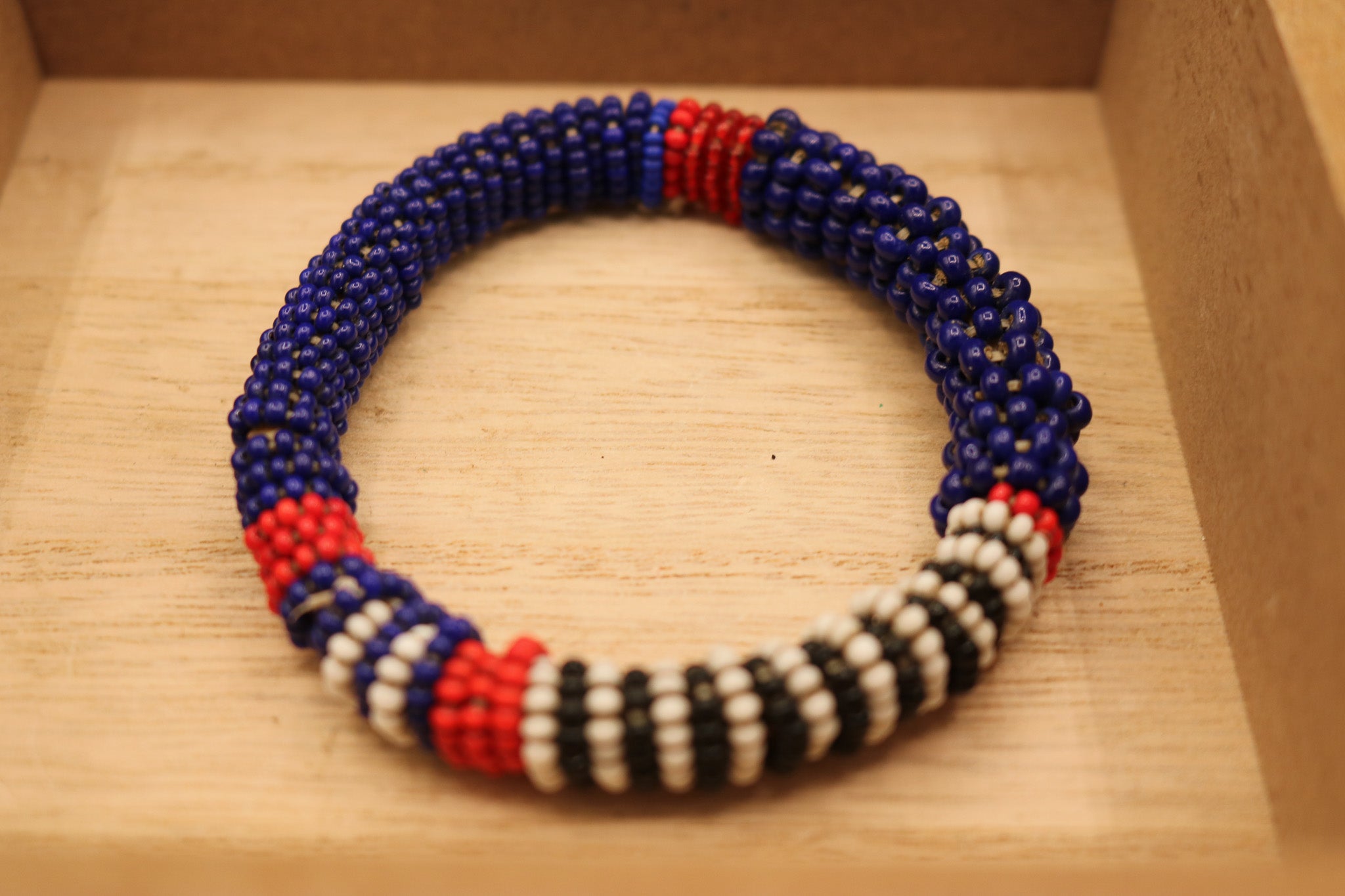 Authentic Vintage Hand-Crafted Massai African Leather Red, Blue, White and Black Beaded Bracelet  Bracelet