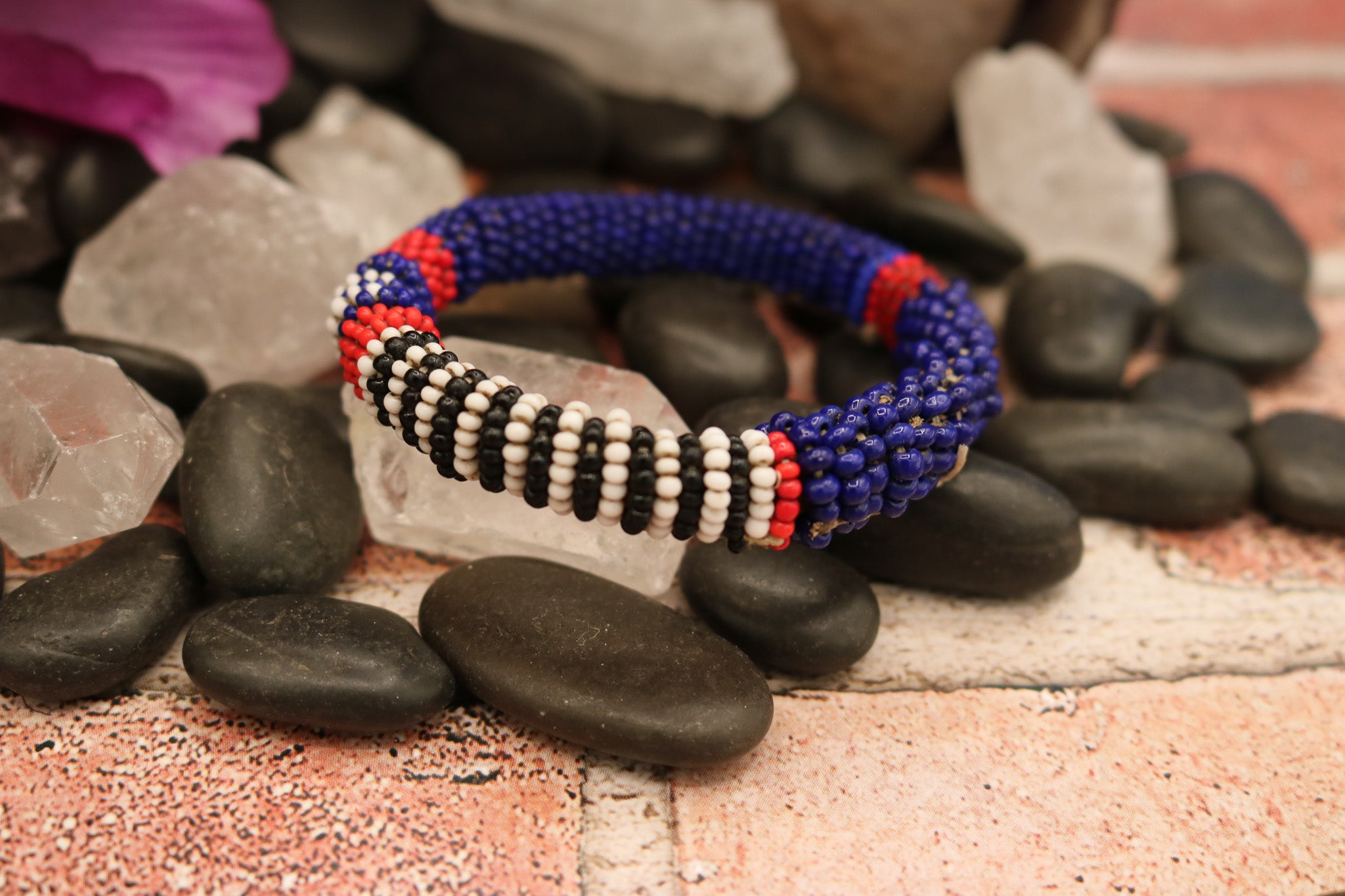 Authentic Vintage Hand-Crafted Massai African Leather Red, Blue, White and Black Beaded Bracelet  Bracelet