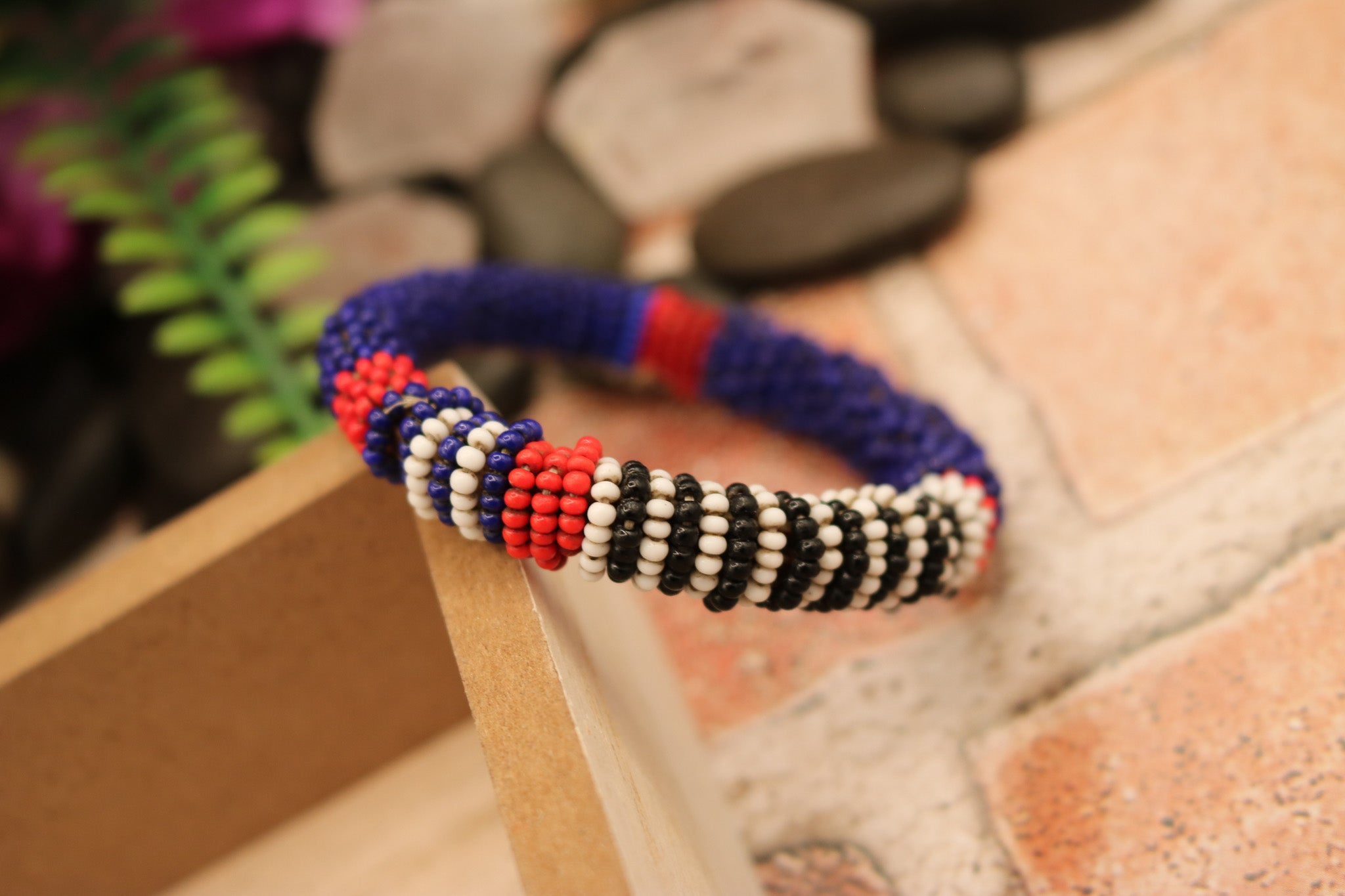 Authentic Vintage Hand-Crafted Massai African Leather Red, Blue, White and Black Beaded Bracelet  Bracelet