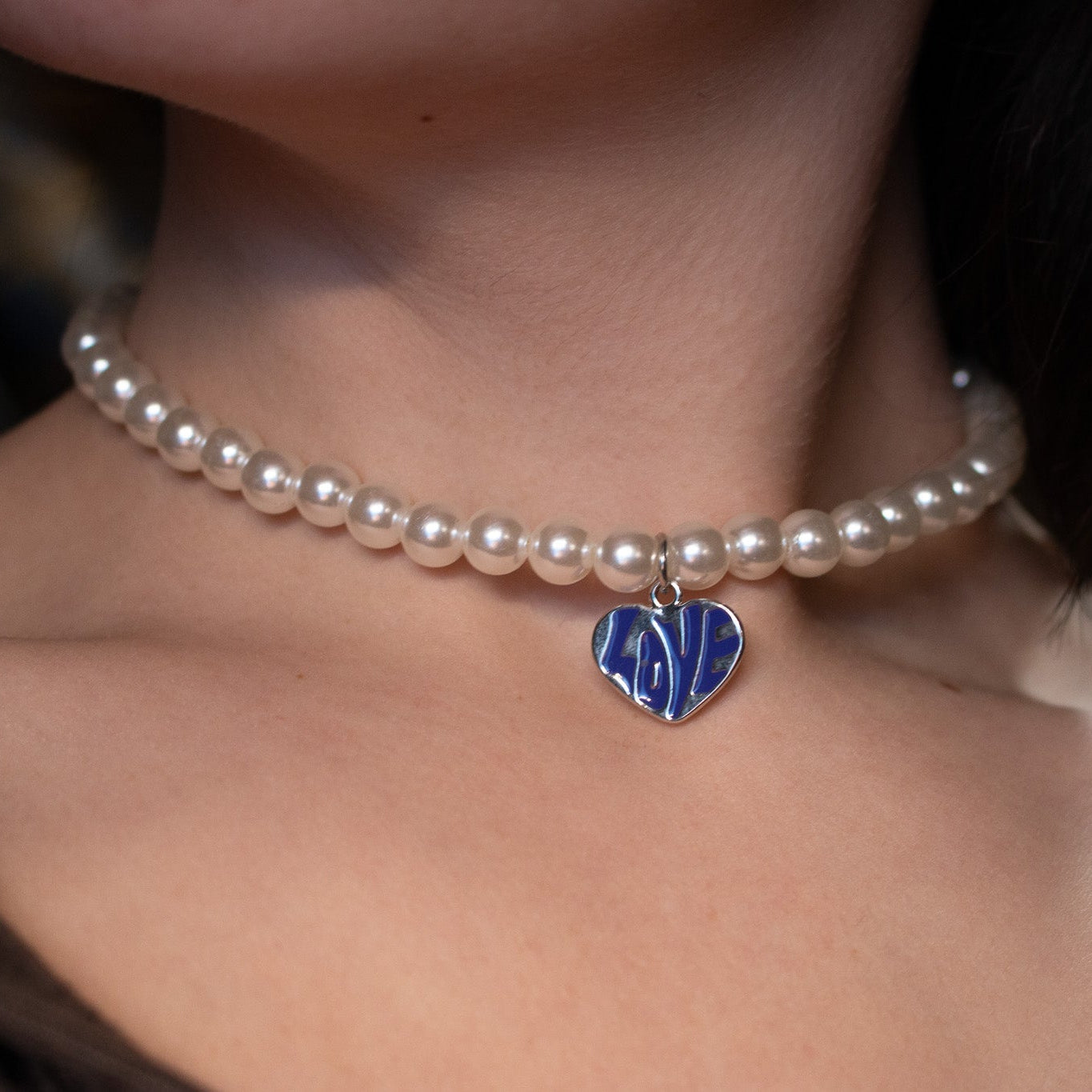 Faux Pearl Necklace with Love Heart Charm