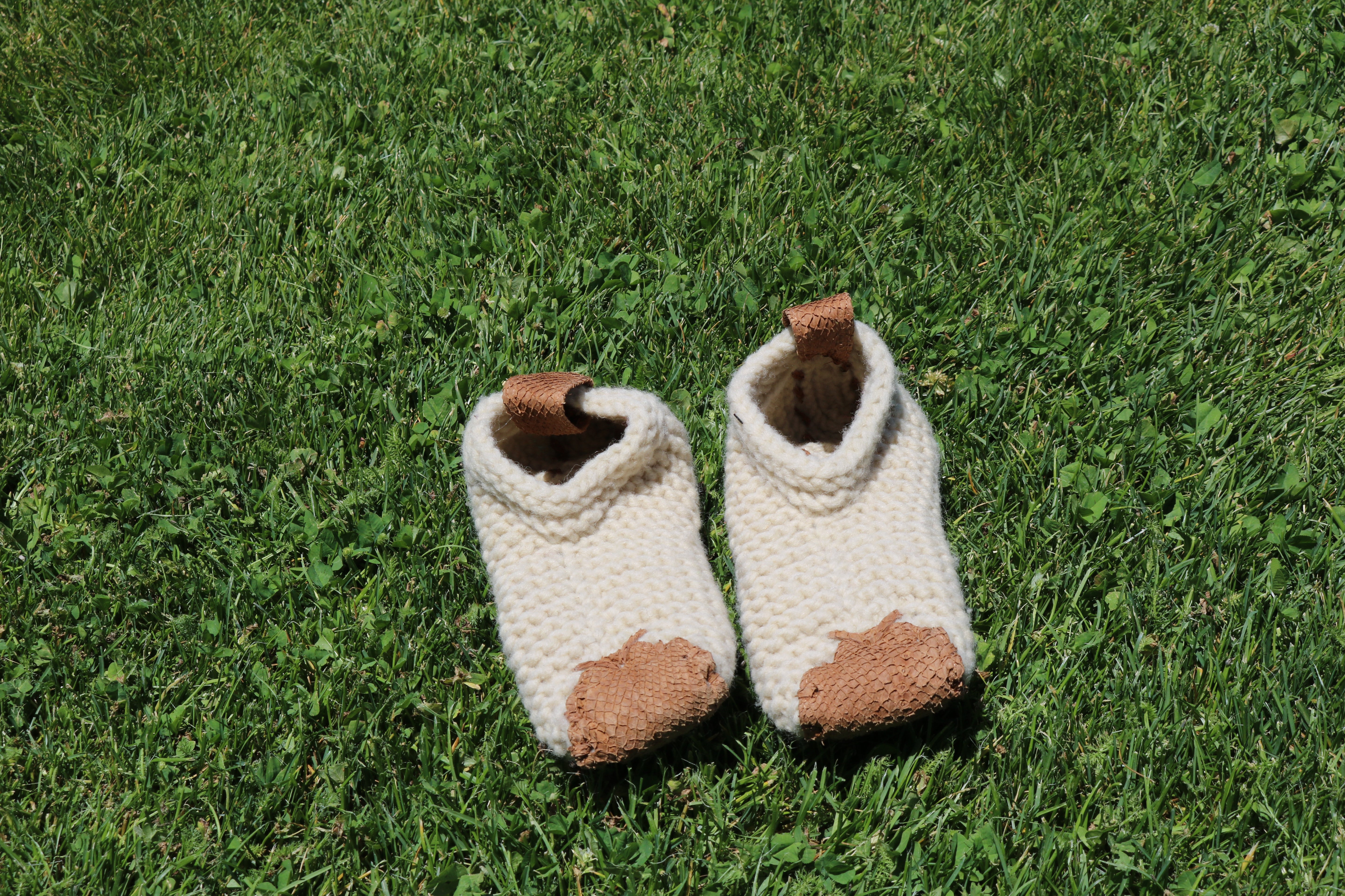 handmade knitted slippers cream wool house shoes leather sole 10 inch