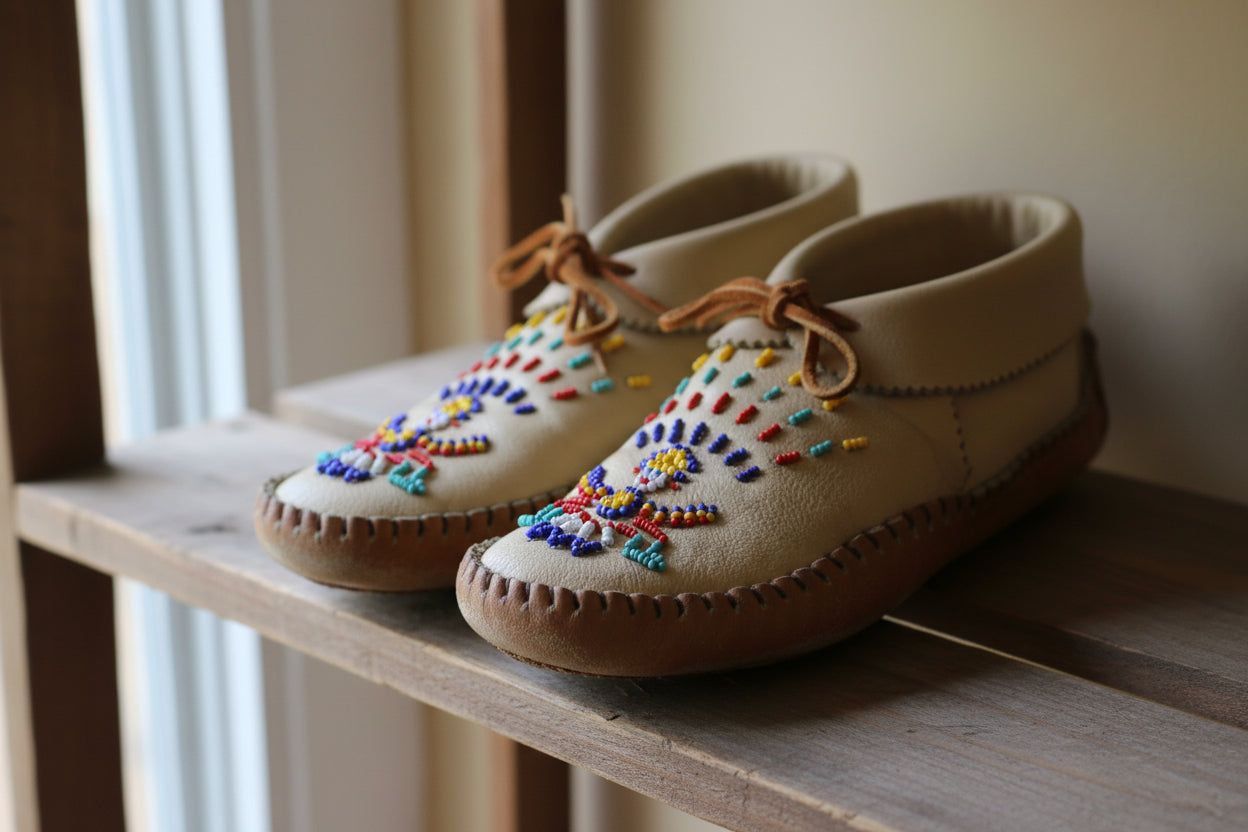 Handmade Taos Beaded Moccasins – Tan Leather Slip-On Shoes Rainbow Beading Women’s Size 9–9.5
