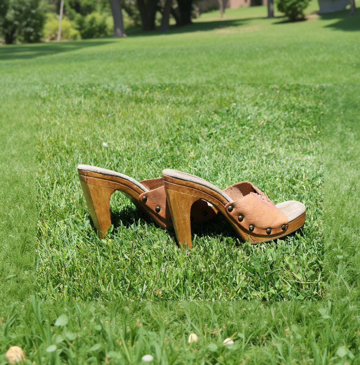 Ellemenno Tan Leather Wooden Heel Sandals – Women’s Size 8 Boho Clog Style Slip-On Heels