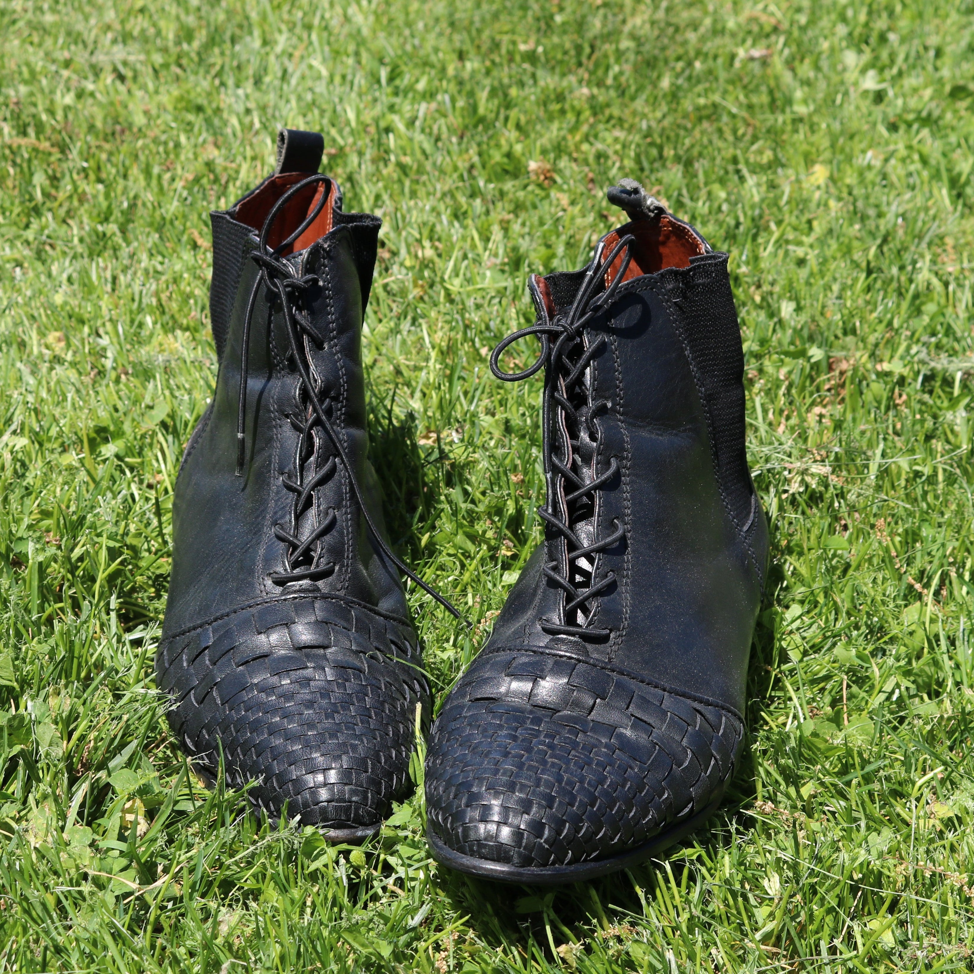 Lace-up Leather Booties with Woven Leather Tips